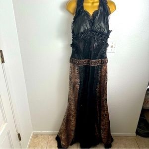 Musani Gold Black Halter Sequin Ruffle Animal Print Sides Beaded Waist Gown 42